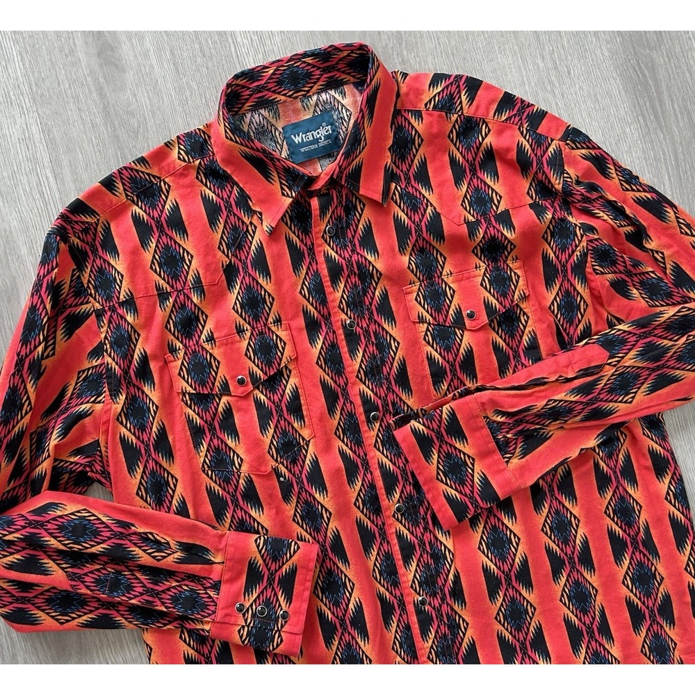 Vintage 90s Men's Wrangler Red Orange Aztec Western Pearl Snap Shirt Size XL